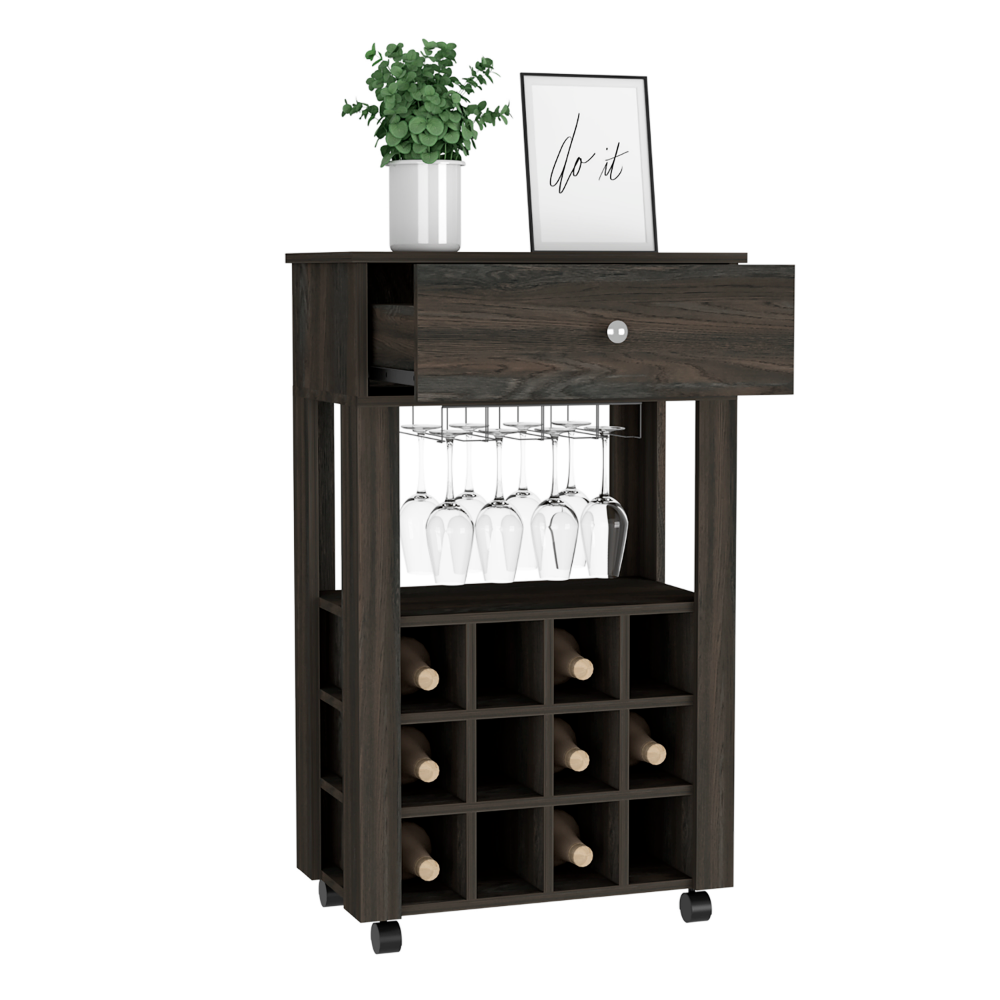 Bar Cart Bayamon, Twelve Wine Cubbies, Four Legs, Carbon Espresso - Horizon Bliss