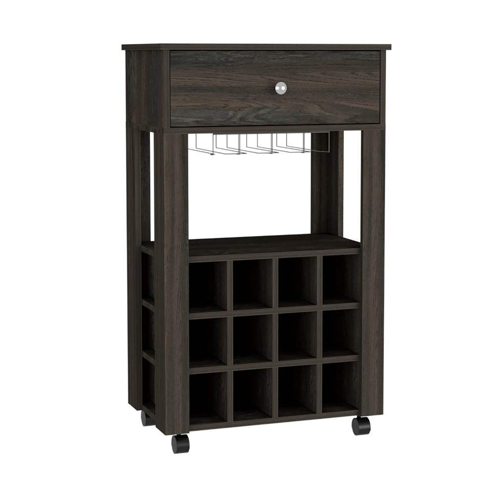 Bar Cart Bayamon, Twelve Wine Cubbies, Four Legs, Carbon Espresso - Horizon Bliss