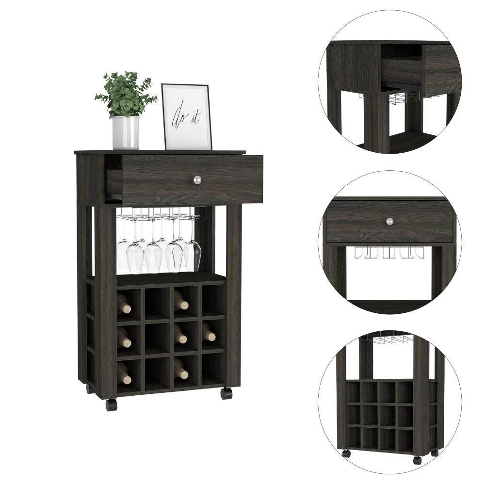 Bar Cart Bayamon, Twelve Wine Cubbies, Four Legs, Carbon Espresso - Horizon Bliss