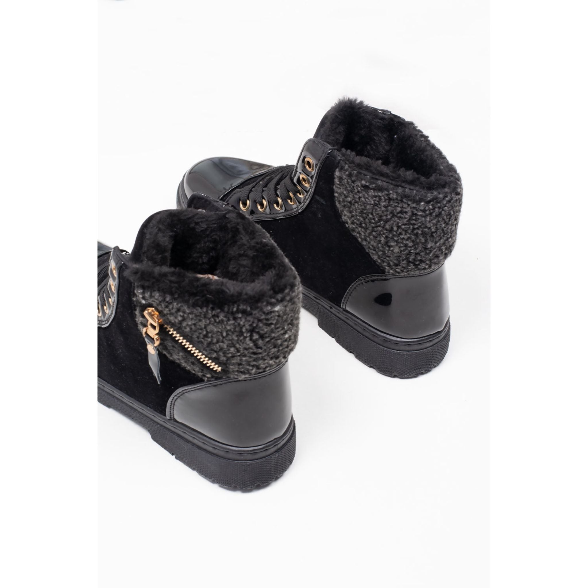 Black Lace Up Borg Fur Boots - Horizon Bliss