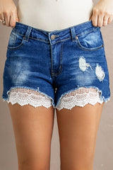 Lace Distressed Jean Shorts - Horizon Bliss