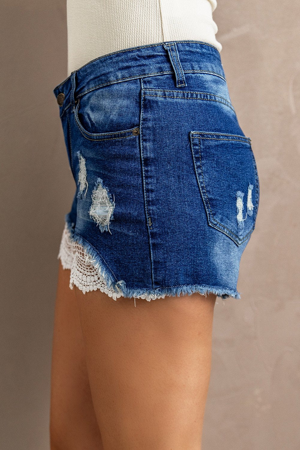 Lace Distressed Jean Shorts - Horizon Bliss