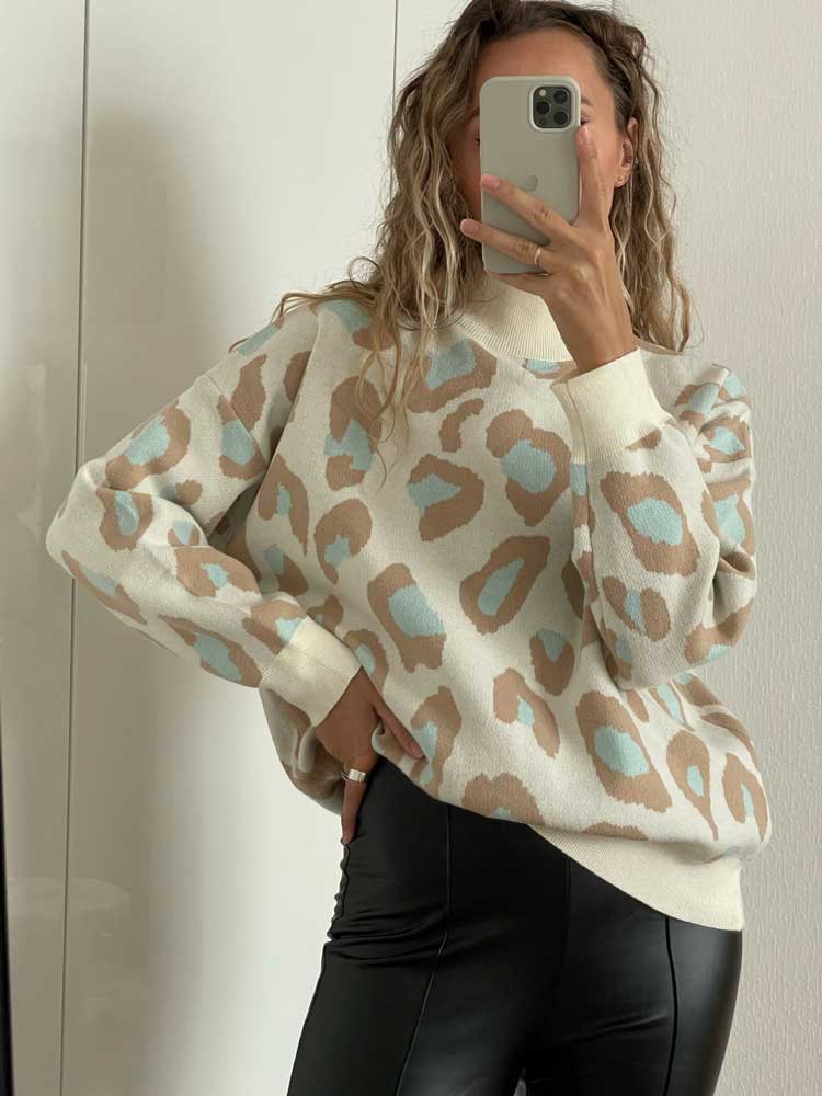 Leopard Print Crew Neck Sweater - Horizon Bliss