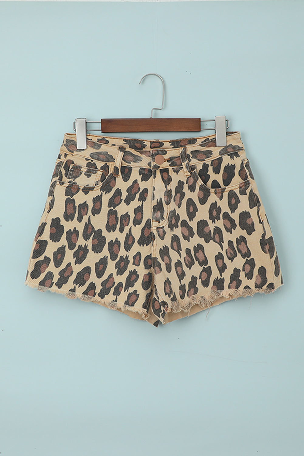 Brown Leopard Mid Waist Frayed Hemline Jean Shorts - Horizon Bliss