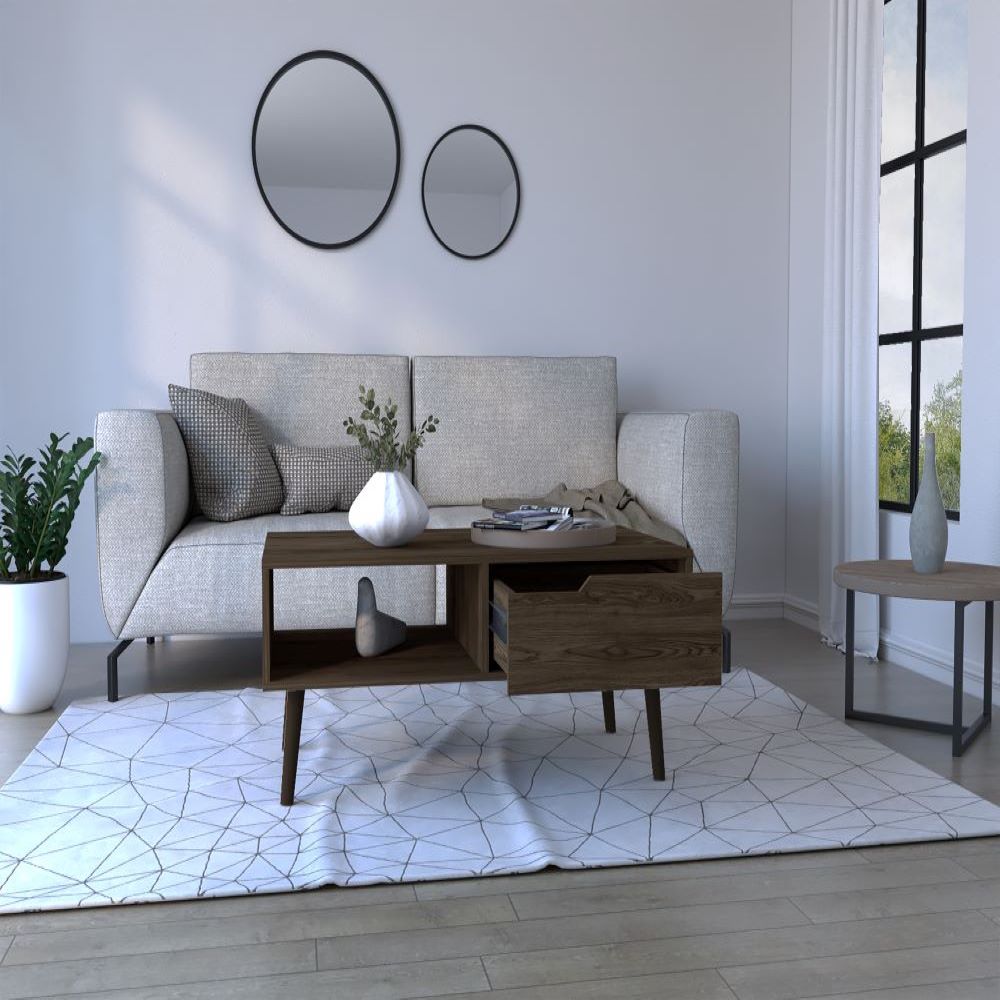 Coffee Table Bull, One Drawer, One Open Shelf, Four Legs, Dark Walnut - Horizon Bliss