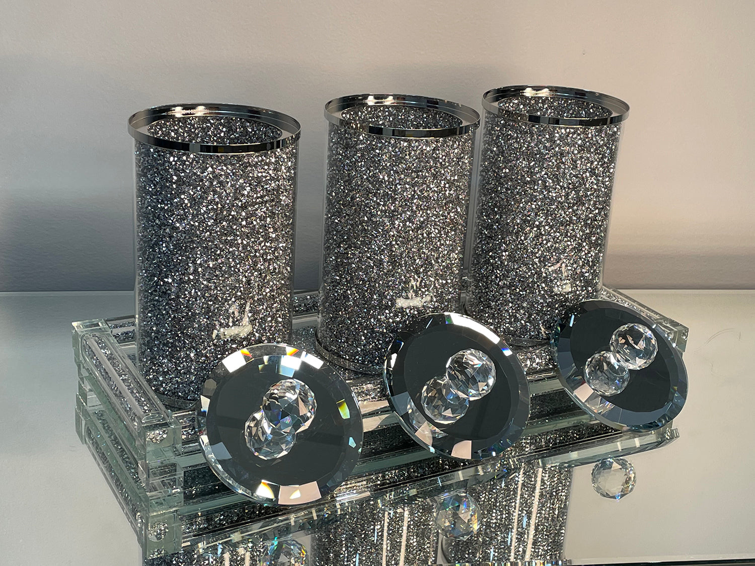 Three Glass Canister Set on a Tray, Silver Crushed Diamond Glass