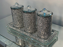 Three Glass Canister Set on a Tray, Silver Crushed Diamond Glass