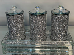 Three Glass Canister Set on a Tray, Silver Crushed Diamond Glass