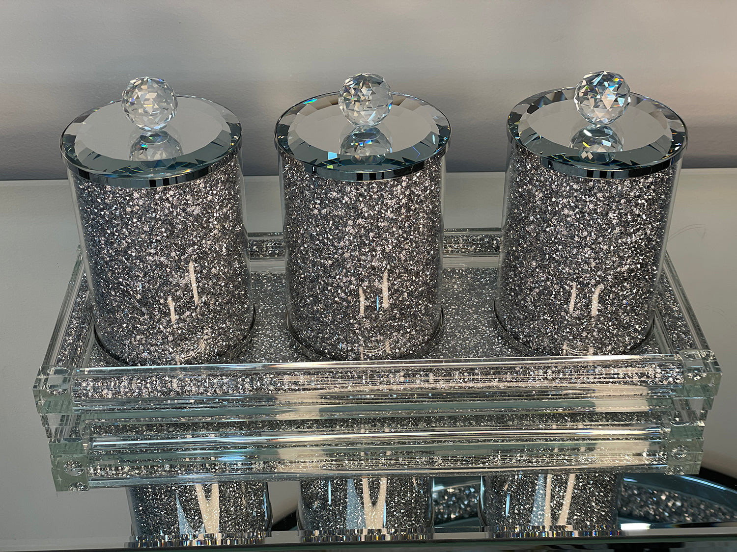 Three Glass Canister Set on a Tray, Silver Crushed Diamond Glass