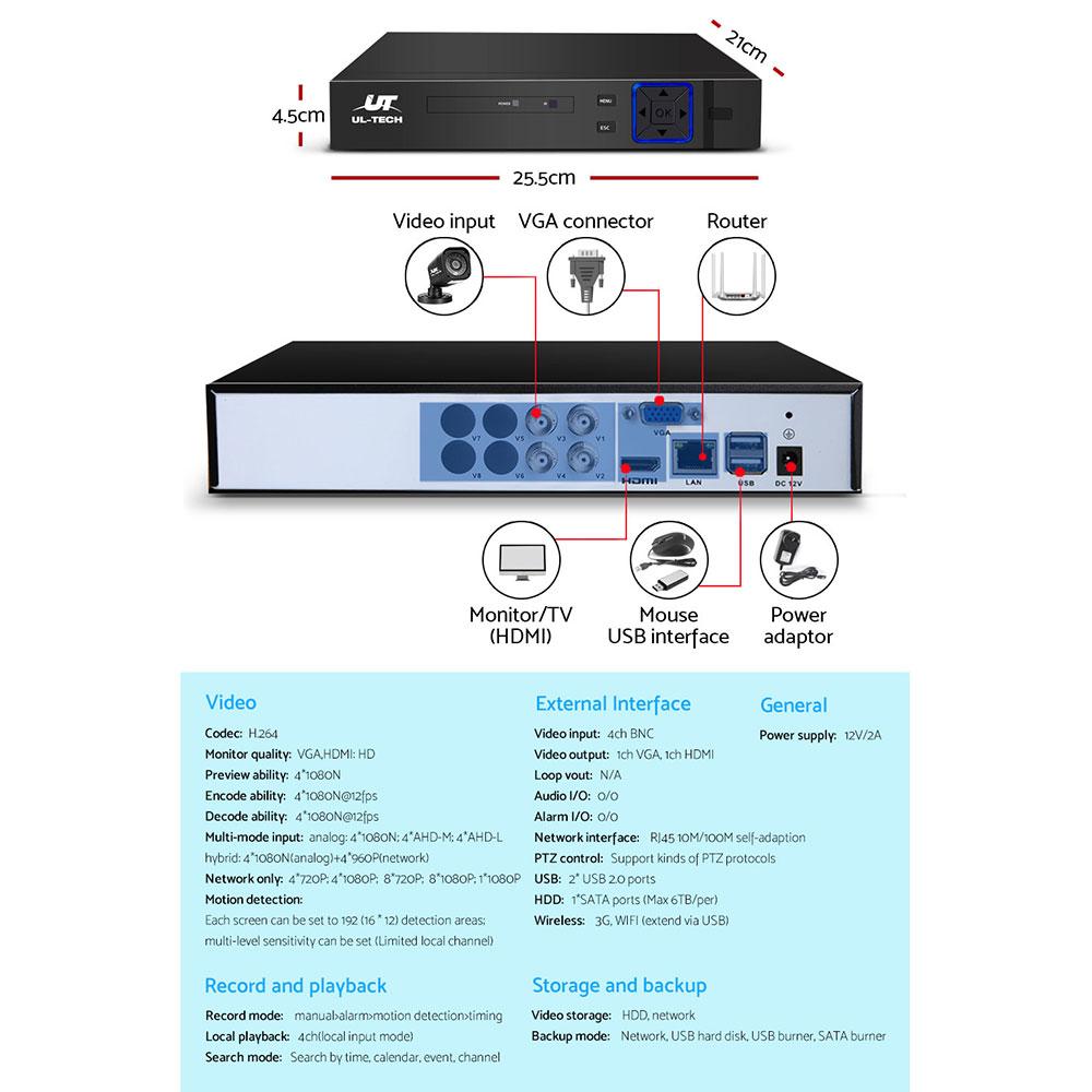 UL-tech Home CCTV Security System Camera 4CH DVR 1080P 1500TVL 1TB - Horizon Bliss