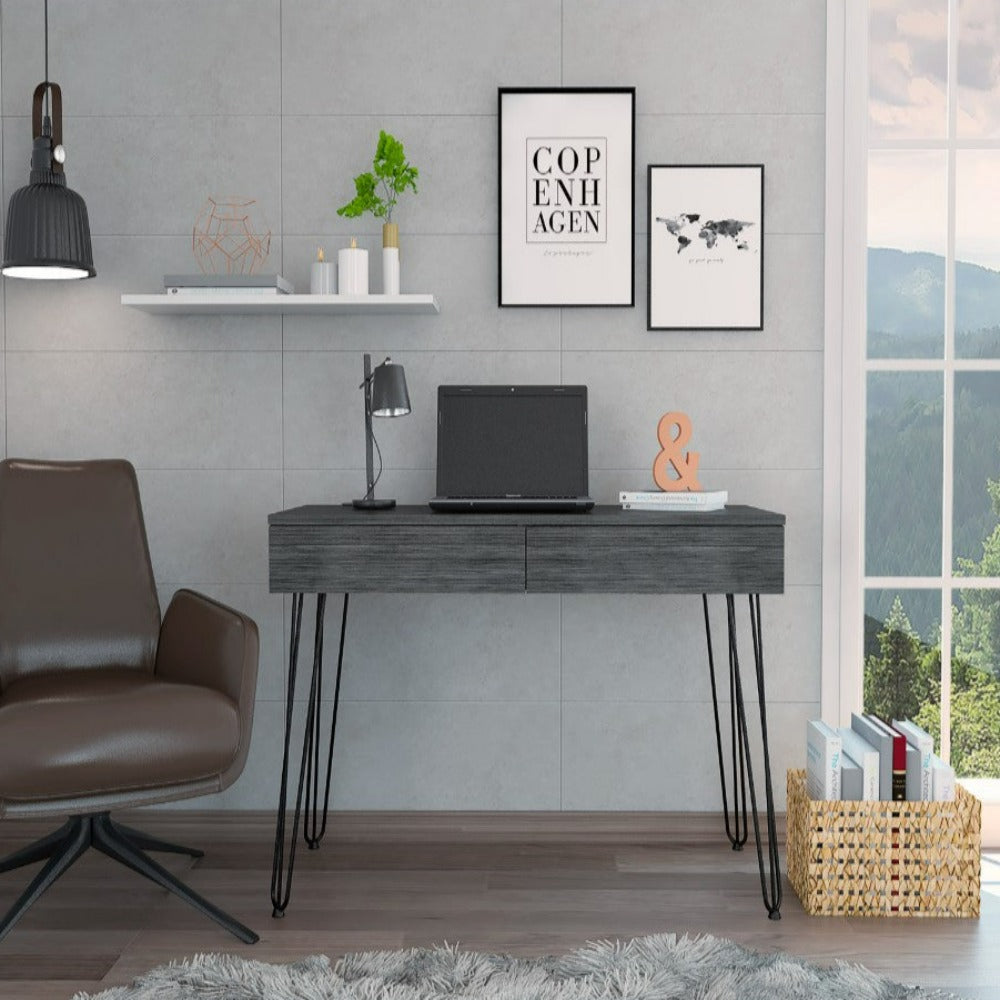 Desk Hinsdale with Hairpin Legs and Two Drawers, Black Wengue Finish - Horizon Bliss