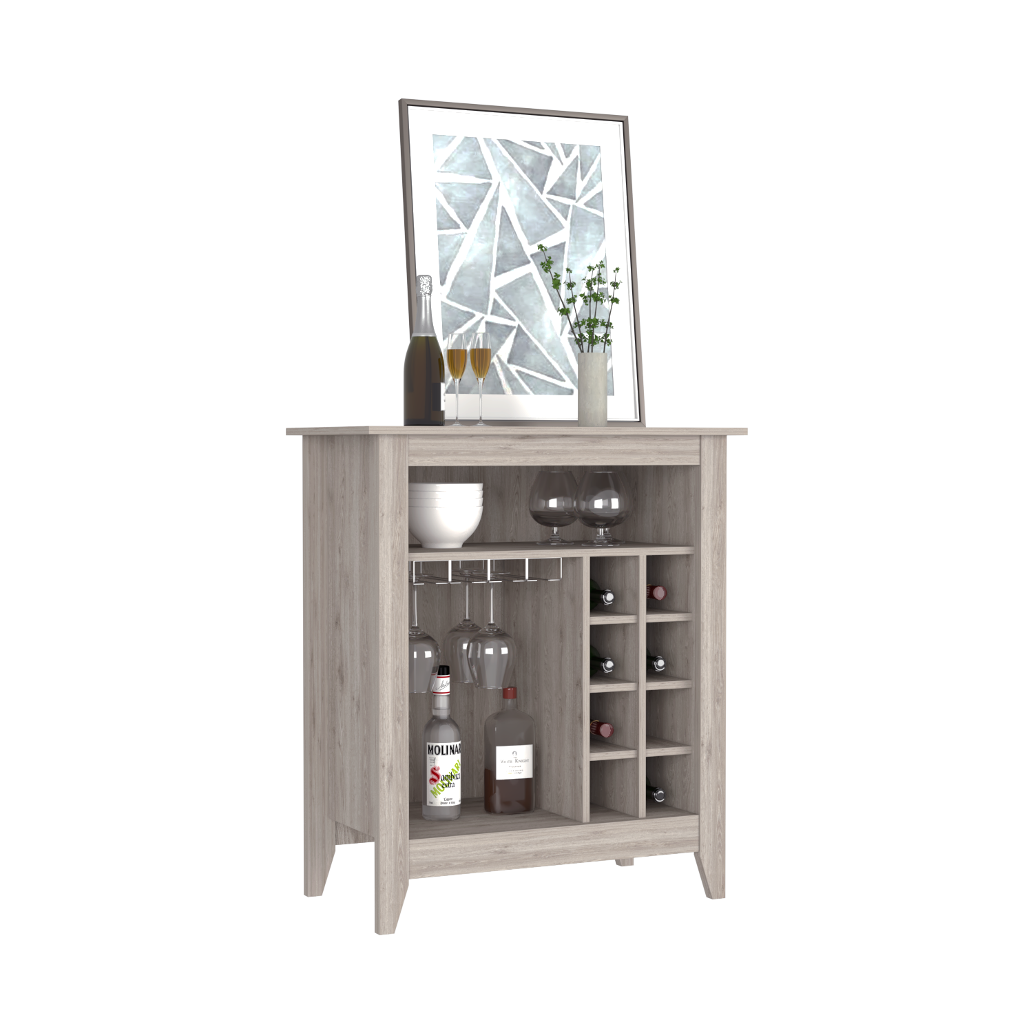 Bar Cabinet Castle, One Open Shelf, Six Wine Cubbies, Light Gray - Horizon Bliss