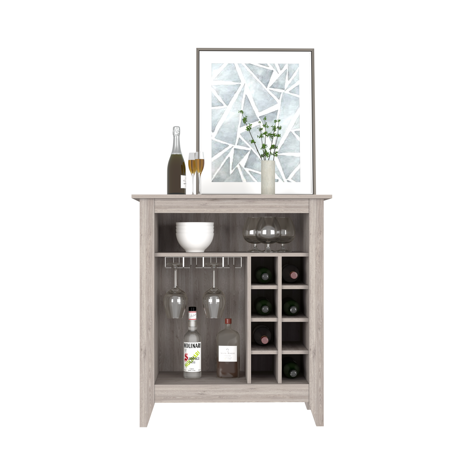 Bar Cabinet Castle, One Open Shelf, Six Wine Cubbies, Light Gray - Horizon Bliss