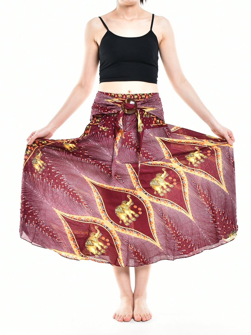 Bohotusk Red Elephant Diamond Long Skirt With Coconut Buckle (& - Horizon Bliss