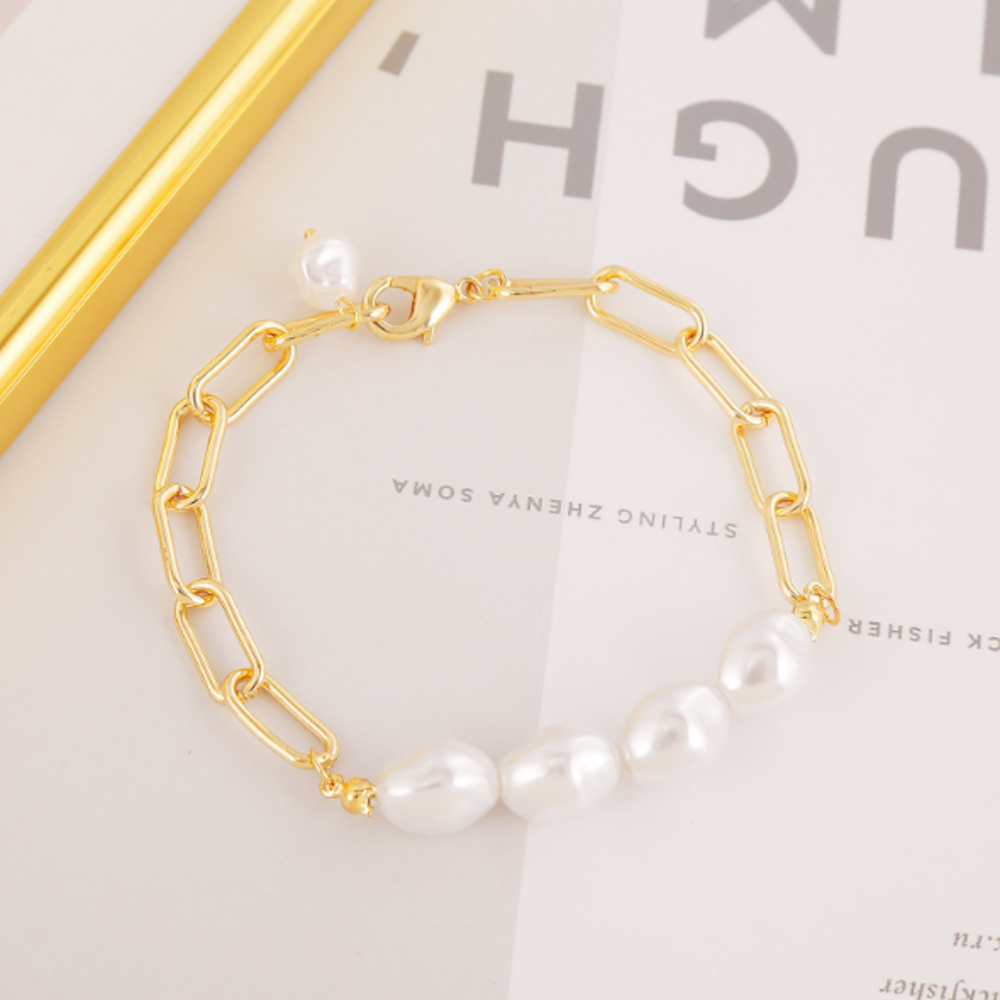 Womens Link Bracelet with Faux Pearl Beads - Horizon Bliss