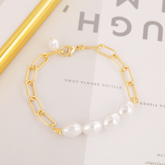 Womens Link Bracelet with Faux Pearl Beads - Horizon Bliss