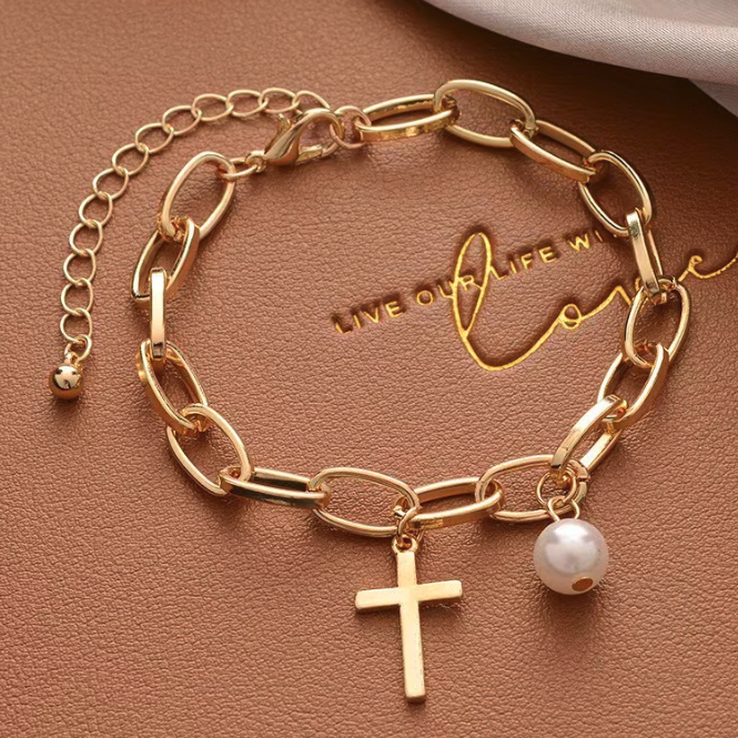 Womens Oval Link Bracelet With Cross Charm and Faux Pearl - Horizon Bliss