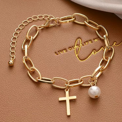 Womens Oval Link Bracelet With Cross Charm and Faux Pearl - Horizon Bliss