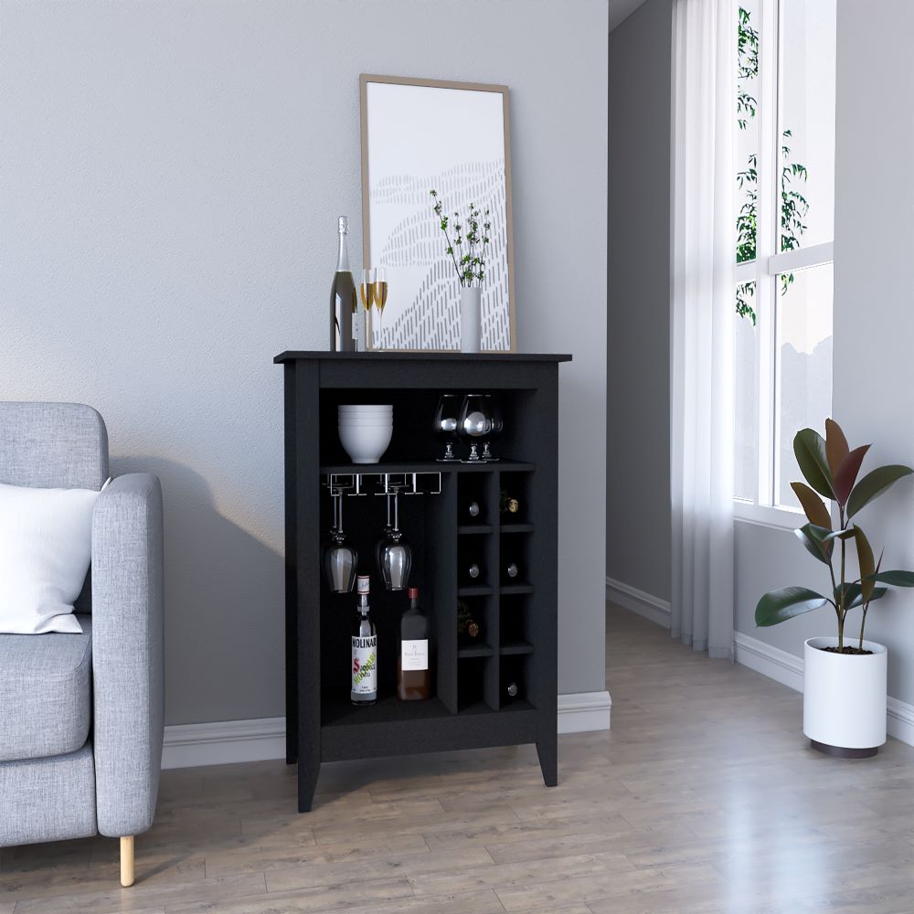 Bar Cabinet Castle, One Open Shelf, Six Wine Cubbies, Black Wengue - Horizon Bliss