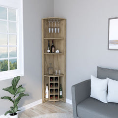 Corner Bar Cabinet  Castle, Three Shelves, Eight Wine Cubbies, Aged - Horizon Bliss