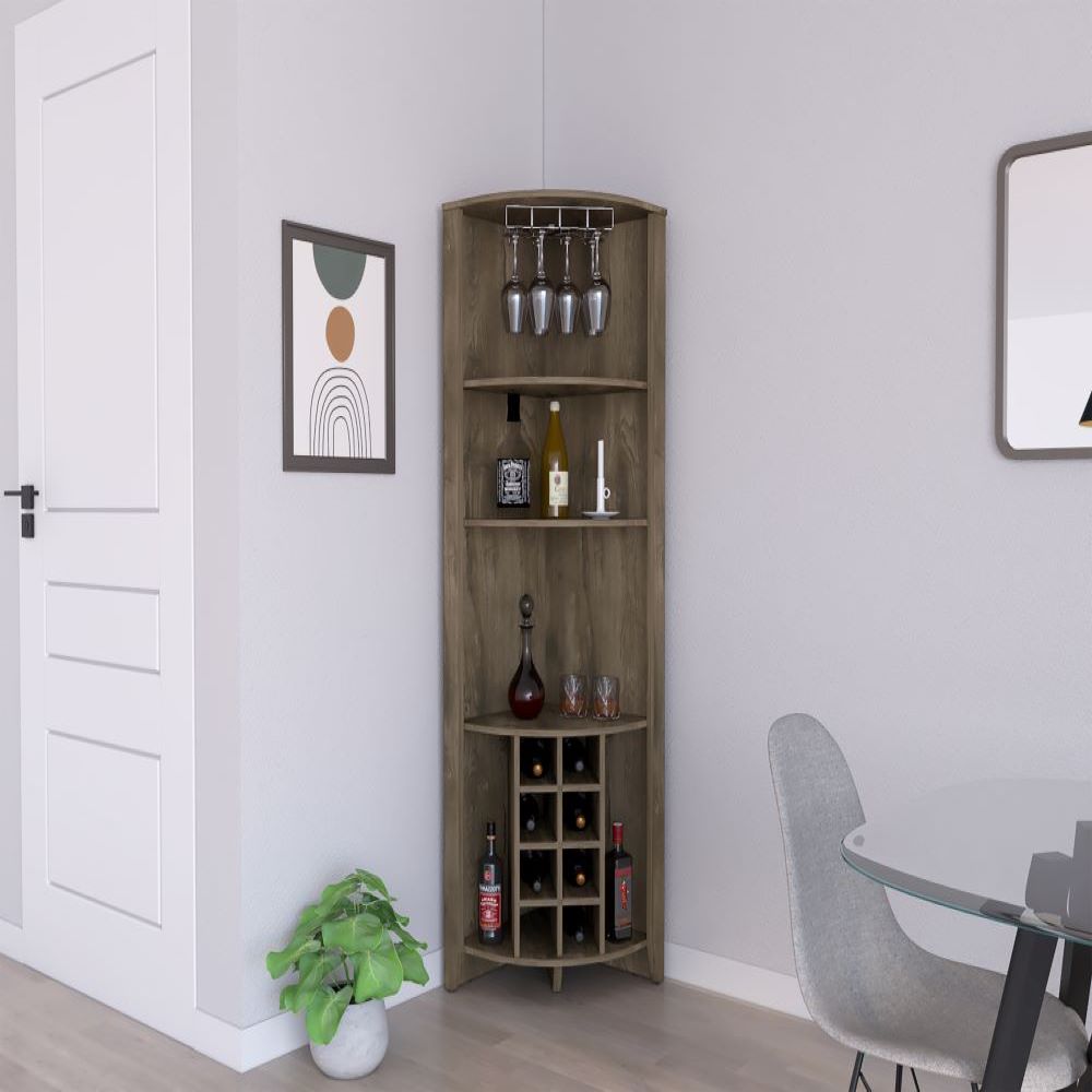 Corner Bar Cabinet  Castle, Three Shelves, Eight Wine Cubbies, Dark - Horizon Bliss