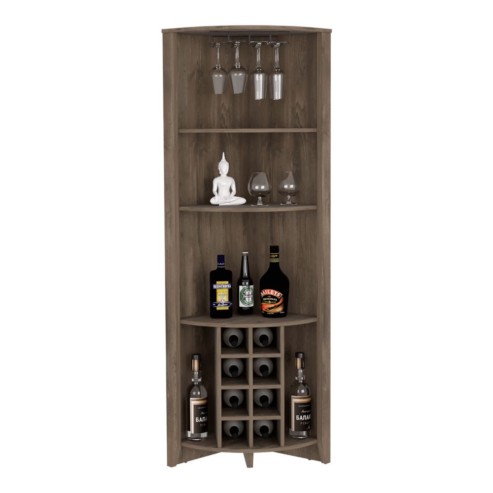 Corner Bar Cabinet  Castle, Three Shelves, Eight Wine Cubbies, Dark - Horizon Bliss