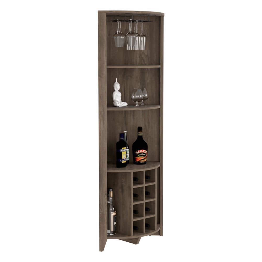 Corner Bar Cabinet  Castle, Three Shelves, Eight Wine Cubbies, Dark - Horizon Bliss