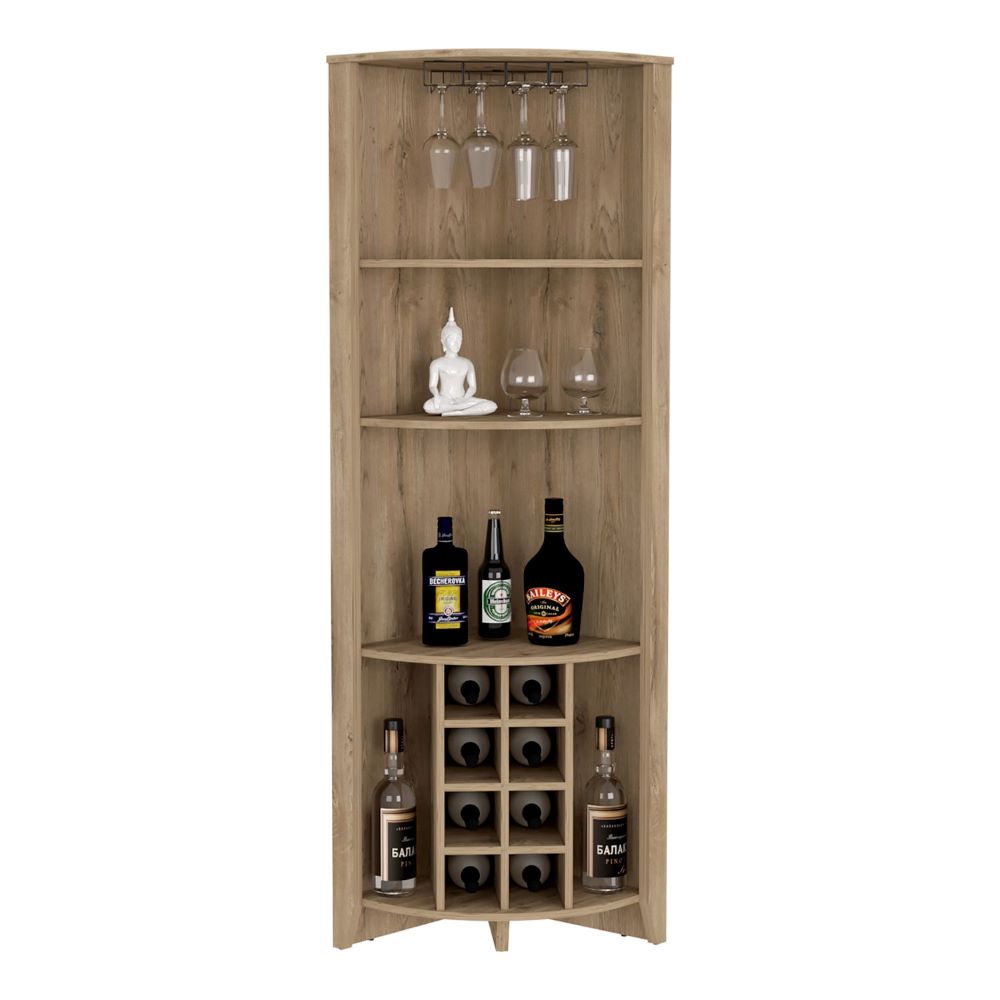 Corner Bar Cabinet  Castle, Three Shelves, Eight Wine Cubbies, Aged - Horizon Bliss