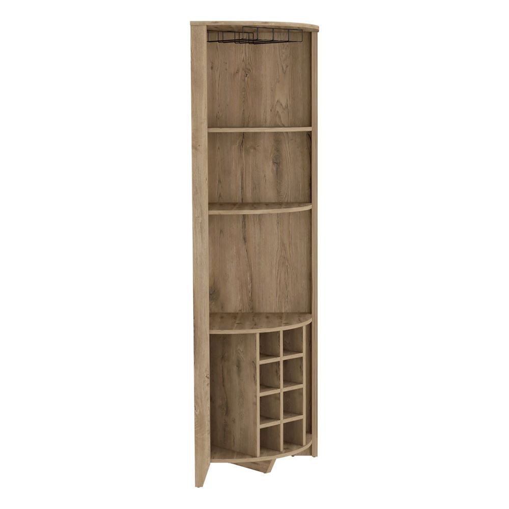 Corner Bar Cabinet  Castle, Three Shelves, Eight Wine Cubbies, Aged - Horizon Bliss