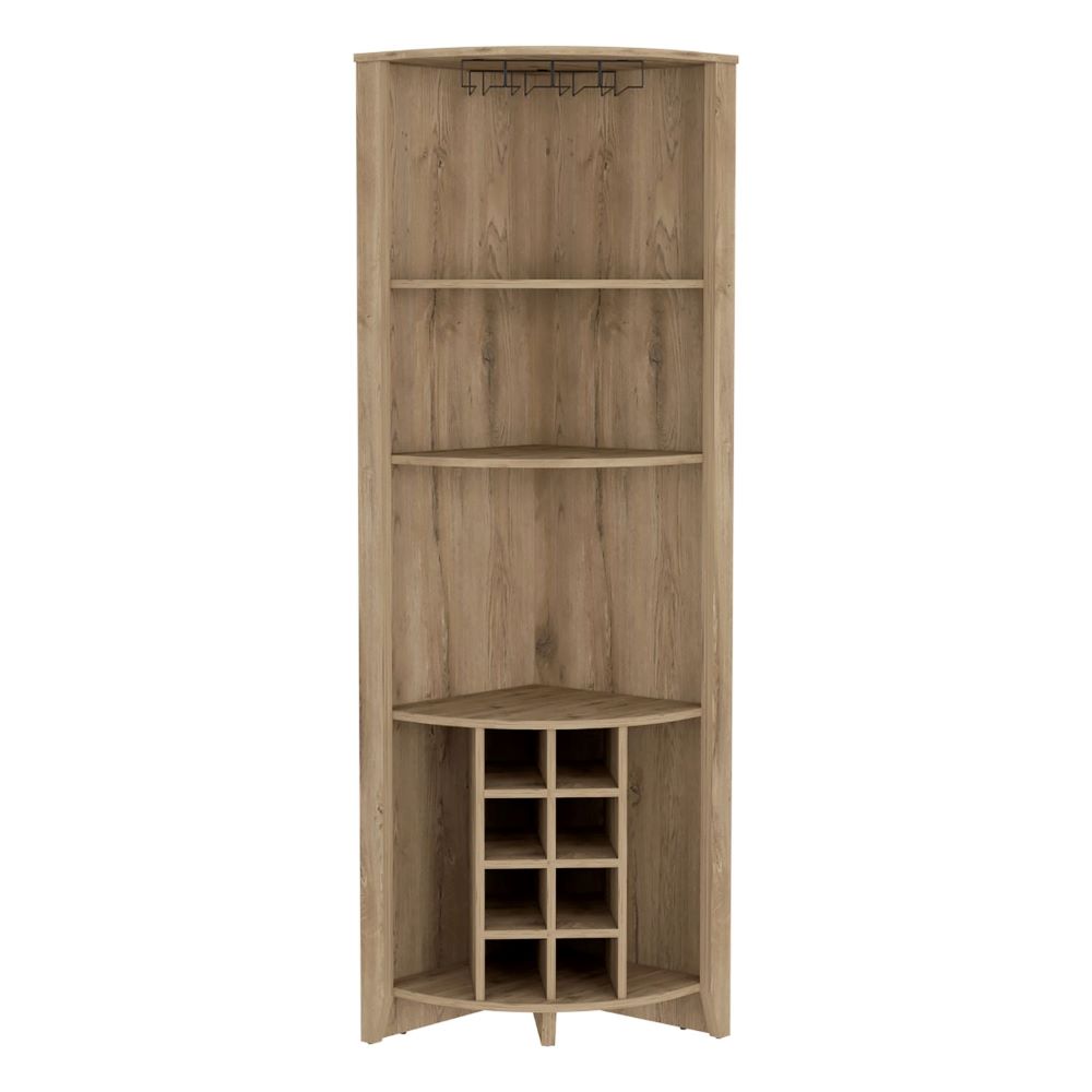 Corner Bar Cabinet  Castle, Three Shelves, Eight Wine Cubbies, Aged - Horizon Bliss