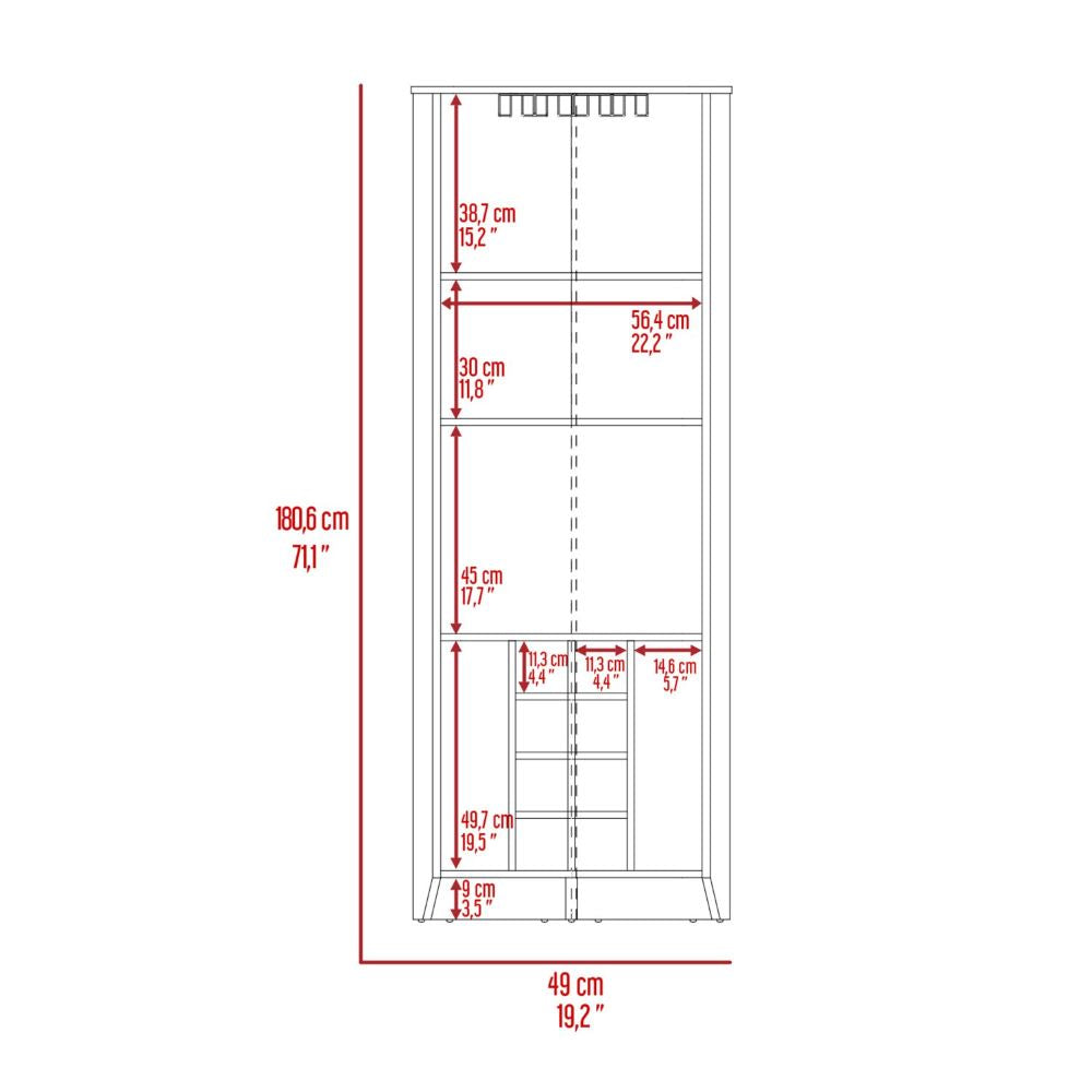 Corner Bar Cabinet  Castle, Three Shelves, Eight Wine Cubbies, Aged - Horizon Bliss