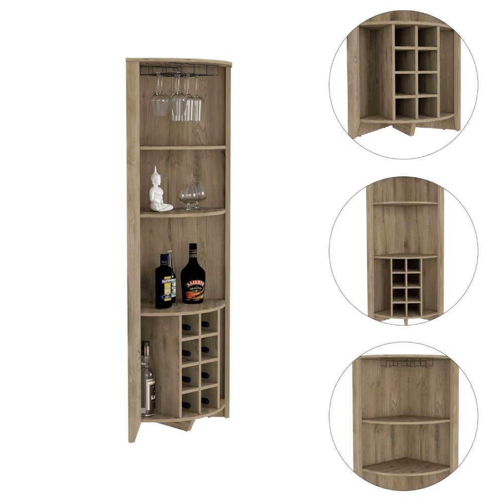 Corner Bar Cabinet  Castle, Three Shelves, Eight Wine Cubbies, Aged - Horizon Bliss