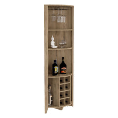 Corner Bar Cabinet  Castle, Three Shelves, Eight Wine Cubbies, Aged - Horizon Bliss