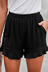 Casual Pocketed Flutter Black Linen Cotton Shorts - Horizon Bliss