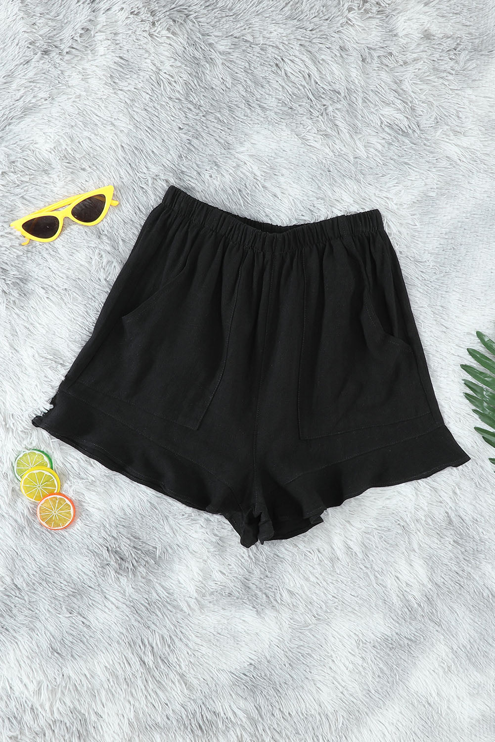 Casual Pocketed Flutter Black Linen Cotton Shorts - Horizon Bliss