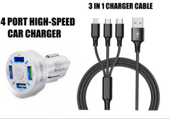 4 Port LED Car Charger + 3 in 1 Cable Combo Black - Horizon Bliss