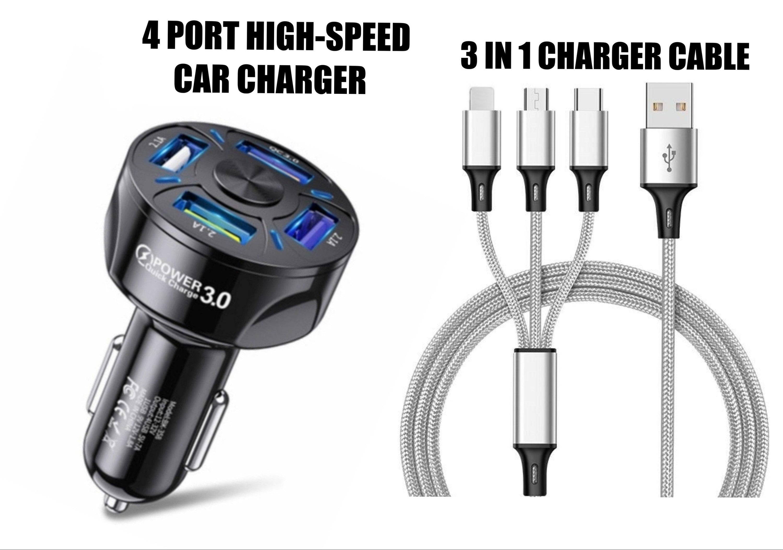 4 Port LED Car Charger + 3 in 1 Cable Combo Silver - Horizon Bliss