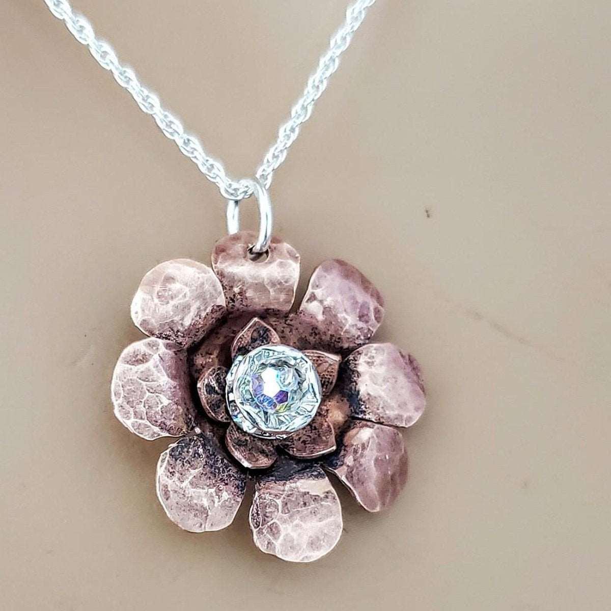 Copper Crystal Flower blossom Spinner Necklace