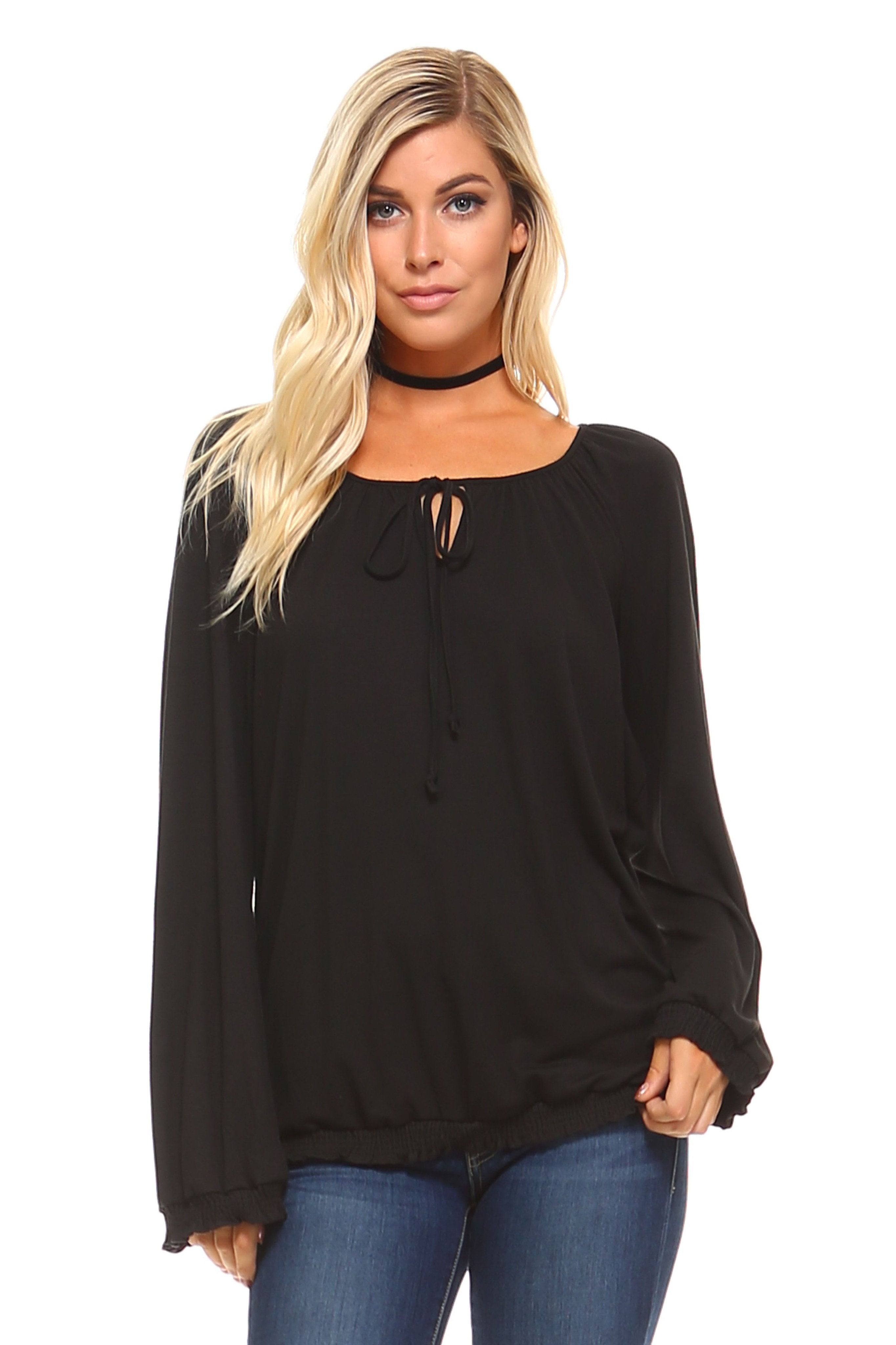 Women's Long Sleeve Solid Peasant Top - Horizon Bliss