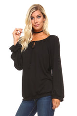 Women's Long Sleeve Solid Peasant Top - Horizon Bliss