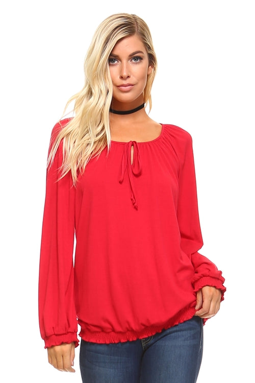 Women's Long Sleeve Solid Peasant Top - Horizon Bliss