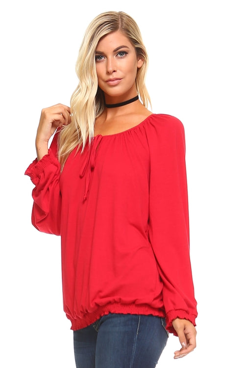 Women's Long Sleeve Solid Peasant Top - Horizon Bliss