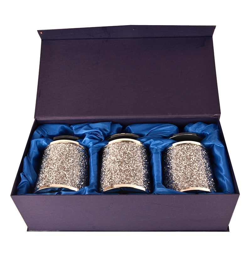 Three Glass Canister Set on a Tray, Silver Crushed Diamond Glass