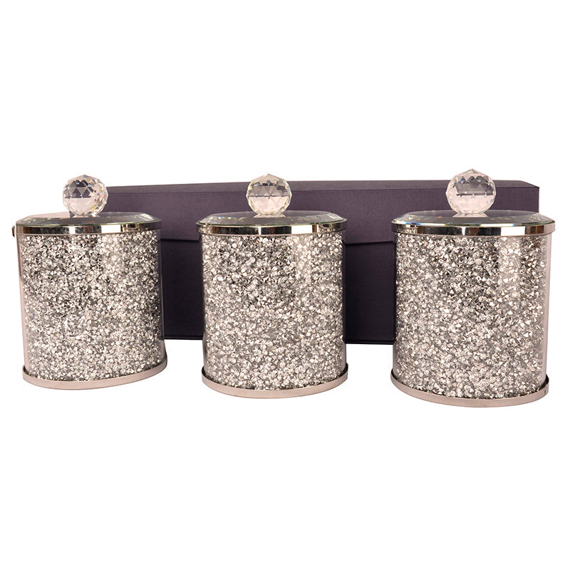 Three Glass Canister Set on a Tray, Silver Crushed Diamond Glass