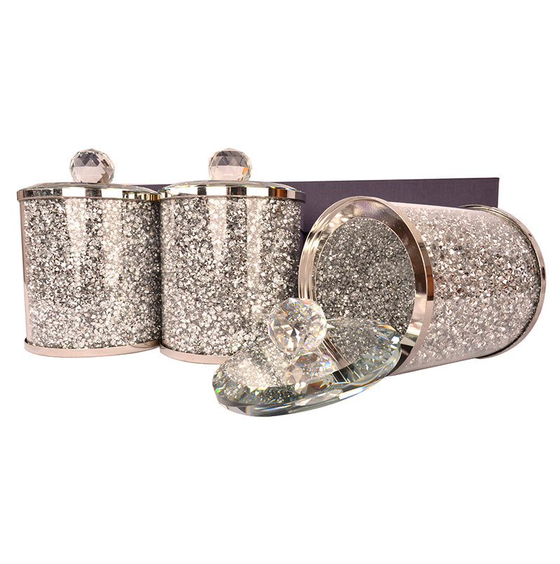 Three Glass Canister Set on a Tray, Silver Crushed Diamond Glass