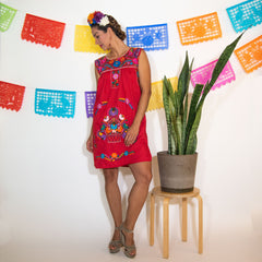 Red Vintage Dress with Hand embroidered Flowers