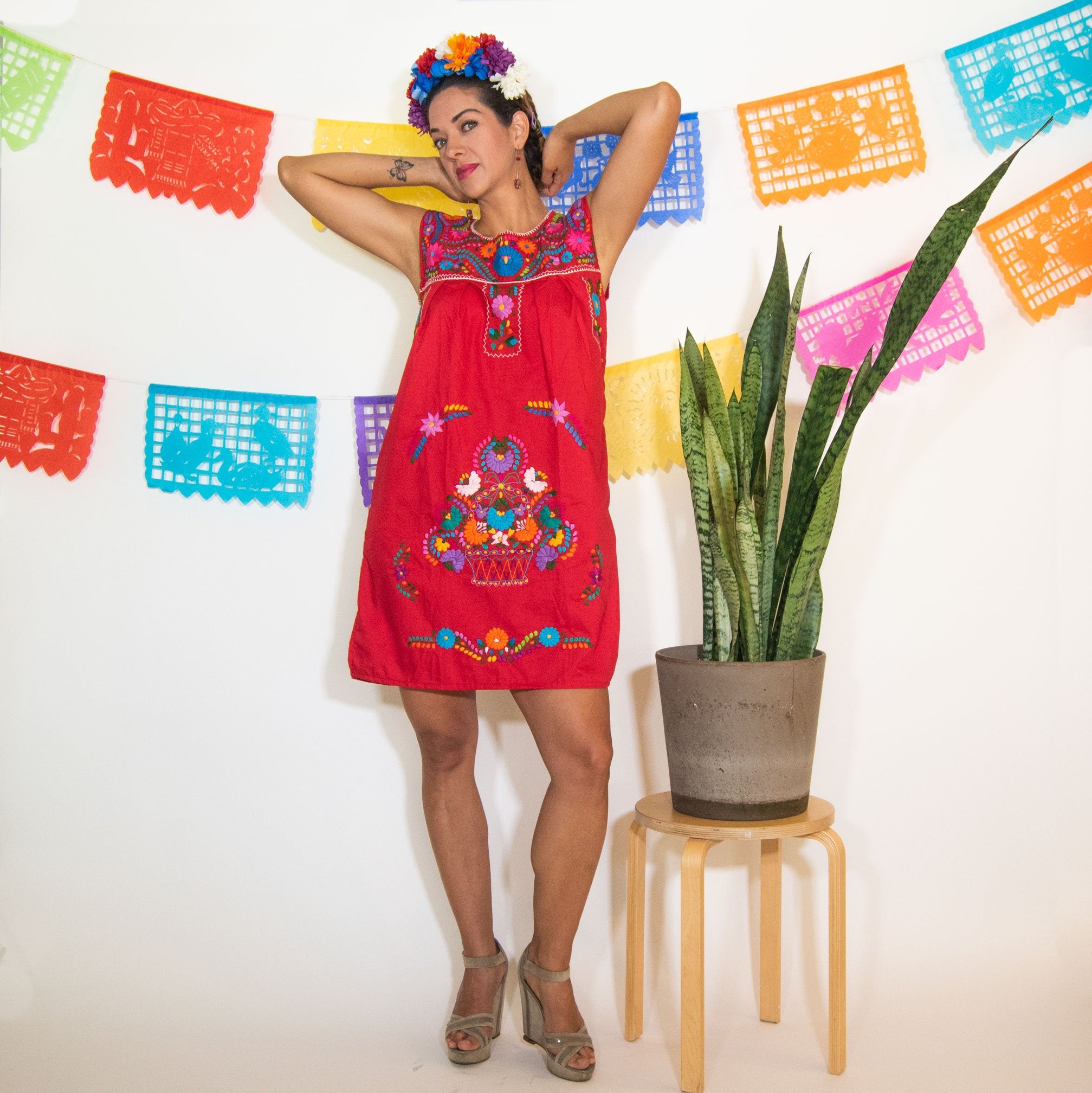 Red Vintage Dress with Hand embroidered Flowers