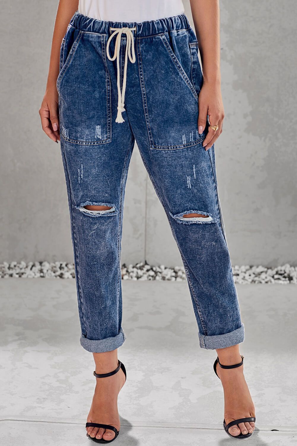 Dark Blue Gather Round Distressed Hole Pocketed Jean Jogger - Horizon Bliss