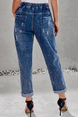 Dark Blue Gather Round Distressed Hole Pocketed Jean Jogger - Horizon Bliss