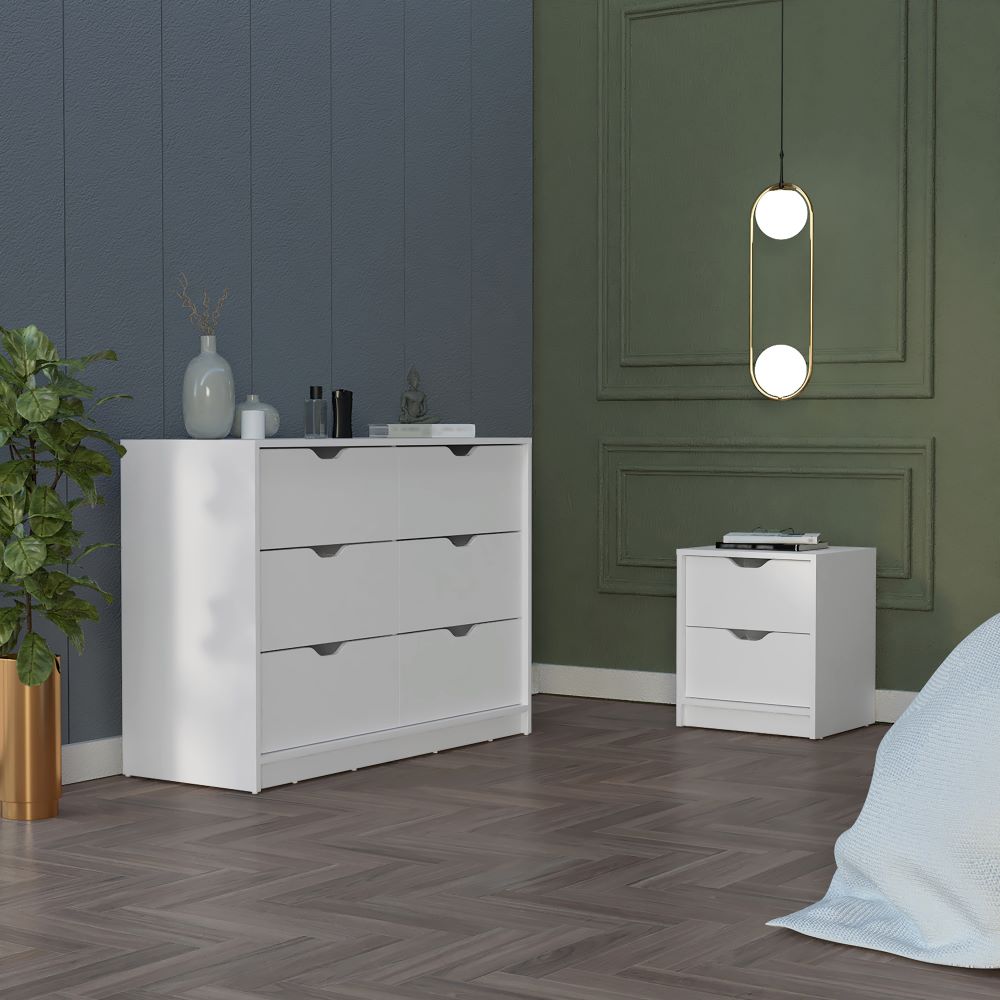 Bennett 2 Piece Bedroom Set, Nightstand + Dresser, White Finish - Horizon Bliss